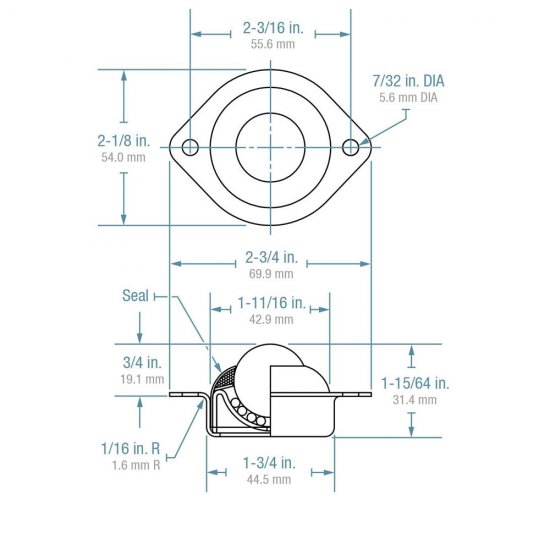 (image for) Ball Transfer; Low Profile; 1" Stainless Steel ball; Flange (2-1/8"x2-3/4": two holes: 2-3/16" apart); Carbon Steel housing; 75#; Low 3/4" inch profile (Item #88805)