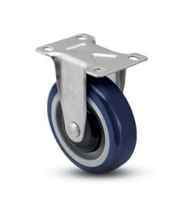 Caster; Rigid; 3" x 1-1/4"; PolyU on PolyO (Blue); Plate (2-5/8"x3-3/4"; holes: 1-3/4"x2-3/4" slotted to 3"; 5/16" bolt); Zinc; Precision Ball Brng; 250# (Item #64656)