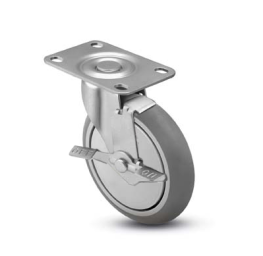 Caster; Swivel; 5 x 15/16; Gray Rubber (Donut); Plate (2-5/8x3-3/4; holes: 1-3/4x2-3/4 slotted to 3; 5/16 bolt); Plain bore; 160#; Thread guards; Tread Brake (Item #66496)