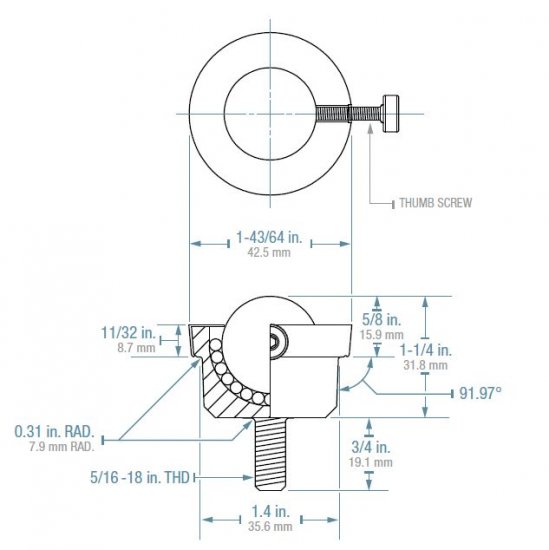 (image for) Ball Transfer; 1" Steel ball; Round Machined base with Threaded Stud; 5/16"-18TPI x 3/4"; Black steel housing; 1-11/16" O.D.; 200#; 5/8" load height; Lockable (Item #88250)