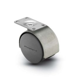 Caster; Twin; Swivel; 2in (50mm); Nylon; Top Plate; 1-1/2x1-1/2; hole spacing: 1x1; 3/16 bolt; Satin Chrome; Zinc Body; 75#; Hood (Item #68617)