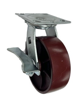 Caster; Swivel; 8" x 2"; Steel (Crowned Ductile); Plate (4-1/2"x6-1/4"; holes: 2-7/16"x4-15/16" slots to 3-3/8"x5-1/4"; 1/2" bolt); Roller Brng; 2000#; Cam Brak (Item #66108)