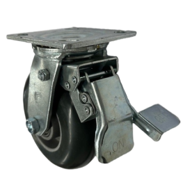 Caster; Swivel; 6" x 2"; Donut Rubber on Alum; Plate; 4"x4-1/2"; holes: 2-5/8"x3-5/8" (slots to 3"x3"); 3/8" bolt; Roller Brng; 400#; Leading Total Lock Brake (Item #63880)