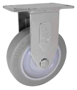 Caster; Rigid; 6" x 1-1/4"; PolyU on PolyO (Gr/Bg); Top Plate (2-1/2"x3-3/4"; holes: 1-3/4"x2-7/8" slotted to 3"; 5/16" bolt); Zinc; Precision Ball Brng; 300# (Item #66004)