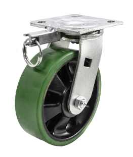 Caster; Swivel; 4" x 2"; PolyU on Nylon; Plate (4"x4-1/2"; holes: 2-5/8"x3-5/8" slots to 3"x3"; 3/8" bolt); Zinc; Roller Brng; 700#; 4-Way Position Lock (Item #64272)
