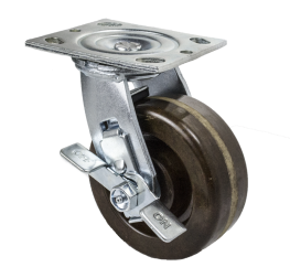Caster; Swivel; 8" x 2"; Phenolic High Temp; Plate (4"x4-1/2"; holes: 2-5/8"x3-5/8" slots to 3"x3"; 3/8" bolt); Stainless yoke and Roller Brng; 1250#; Brake (Item #63014)