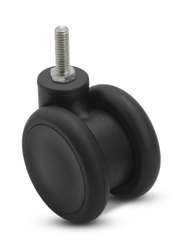 Caster; Twin Wheel; Swivel; 65mm; Thermoplastized Rubber (Black); Threaded Stem (3/8"-16TPI x 3/4"); Black; Riveted Axle; 110# (Item #63465)