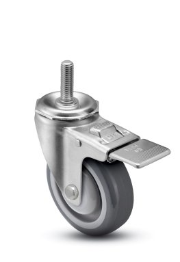 Caster; Swivel; 4" x 1-1/4"; PolyU on PolyO (Gray); Stem (1/2"-13TPI x 1-1/2"); Prec Ball Bearing; 300#; Dust Cover (Mtl); Bearing Cover; Total Lock Brake (Item #64923)