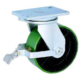 Caster; Swiv; 6x3; PolyU on Cast (Gr/Bk); Plate;5-1/4x7-1/4; holes: 3-3/8x5-1/4 (slotted to 4-1/8x6-1/8); 1/2 bolt; Roller Brn; 2000#; Face brk; Pos Lok (Item #68449)