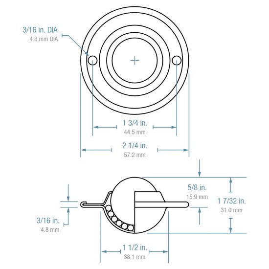 (image for) Ball Transfer; Low Profile; 1" Steel ball; Round Flange (2-1/4" diameter: two holes: 1-3/4" inch apart); Steel housing; 75#; 5/8" inch profile (Item #88820)