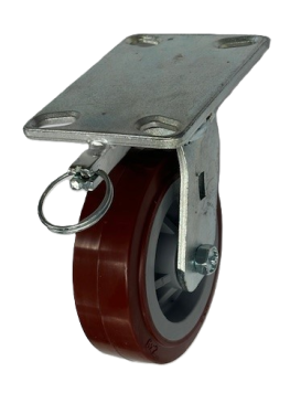 Caster; Swivel; 10" x 2-1/2"; Red PolyU on PolyO; Plate (4-1/2"x6-1/4"; holes: 2-7/16"x4-15/16" slotted to 3-3/8"x5-1/4"); Roller Brg; 1800#; 4 Position Lock (Item #65371)