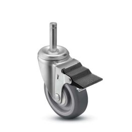 Caster; Swivel; 4" x 1-1/4"; PolyU on PolyO (Gray); Grip Ring (7/16" x 1-1/4"); Zinc; Precision Ball Brng; 300#; Dust Cover (Mtl); Bearing Cover; Pedal brake (Item #65465)