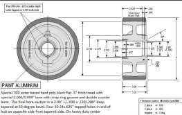 Wheel; 8" x 3"; PolyU on HD Cast Iron (1/2"; 70D; black tread); 2" Stepped Bore; Snap Ring groove; dbl counter bore 3-1/4" Hub Length; 3200#; Made in USA (Item #87606)