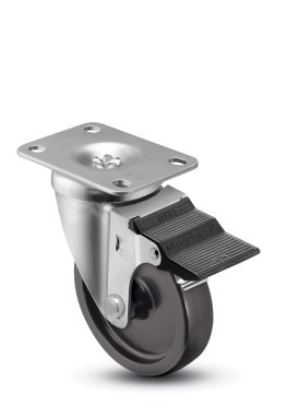 Caster; Swivel; 4" x 1-1/4"; Polyolefin; Top Plate (2-5/8"x3-3/4"; holes: 1-3/4"x2-3/4" slotted to 3; 5/16" bolt); Zinc; Plain bore; 275#; Pedal brake (Item #65136) Caster; Swivel; 4" x 1-1/4"; Polyolefin; Top Plate (2-5/8"x3-3/4"; holes: 1-3/4"x2-3/4" slotted to 3; 5/16" bolt); Zinc; Plain bore; 275#; Pedal brake (Item #65136)