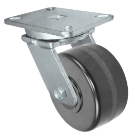 Caster; Swivel; 10" x 2-1/2"; Phenolic; Plate (4-1/2"x6-1/4"; holes: 2-7/16"x4-15/16" slotted to 3-3/8"x5-1/4"; 1/2" bolt); Zinc; Roller Brng; 2200# (Item #63013)