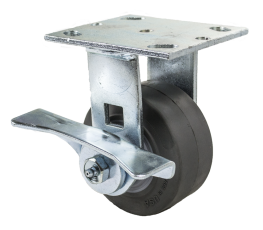 Caster; Rigid; 4" x 2"; Thermoplastized Rubber (Gray); Plate (4"x4-1/2"; holes: 2-5/8"x3-5/8" slotted to 3"x3"; 3/8" bolt); Zinc; Roller Brng; 300#; Cam Brake (Item #64731)