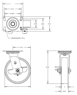 Caster; Swivel; 8" x 2"; PolyU (Crowned) on Cast (Blue); Plate (4-1/2"x6-1/4"; holes: 2-7/16"x4-15/16" slotted; 1/2" bolt); Roller Bearing; 1500#; Cam Brake (Item #64508) Caster; Swivel; 8" x 2"; PolyU (Crowned) on Cast (Blue); Plate (4-1/2"x6-1/4"; holes: 2-7/16"x4-15/16" slotted; 1/2" bolt); Roller Bearing; 1500#; Cam Brake (Item #64508)