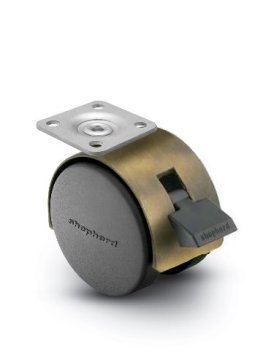 Caster; Twin; Swivel; 2in (50mm); Nylon; Top Plate; 1-1/2x1-1/2; hole spacing: 1x1; 3/16 bolt; Antique; Zinc Body; 75#; Pedal Lock; Wheel; Hood (Item #68613)
