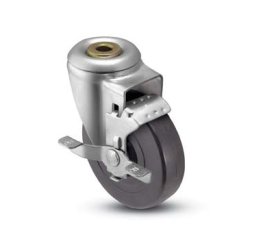 Caster; Swivel; 5" x 1-1/4"; Polyolefin; Hollow Kingpin (1/2" bolt hole); Zinc; Plain bore; 300#; Dust Cover (Mtl); Brake (Item #64757)