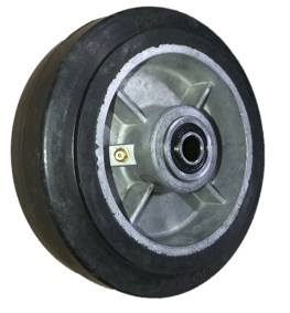 Wheel; 8" x 2"; Rubber (Bk) on Alum; Roller Brng; 3/4" Bore; 2-7/16" Hub Length; 600# (Item #87270)