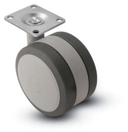Caster; Twin; Swivel; 3" (75mm); Thermoplastized Rubber (Gray); Plate; 2-3/16"x2-9/16"; holes: 1-5/8"x2"; 5/16" bolt; Gray; Rivet; 165# (Item #67815)