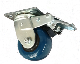 Caster; Swivel; 8" x 2"; PolyU on PolyO; Plate (4"x4-1/2"; holes: 2-5/8"x3-5/8" slots to 3"x3"; 3/8" bolt); Zinc; Roller Brng; 800#; Trailing Total lock (Item #64206)