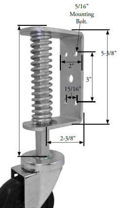 Gate Caster Bracket (2"x5-3/8"; holes 15/16"x3" apart); Accepts 7/16" Grip Ring stem caster; Max 5" wheel; 230# to full spring compression. 2" of movement. (Item #88470) Gate Caster Bracket (2"x5-3/8"; holes 15/16"x3" apart); Accepts 7/16" Grip Ring stem caster; Max 5" wheel; 230# to full spring compression. 2" of movement. (Item #88470)