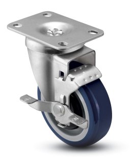 Caster; Swivel; 4" x 1-1/4"; PolyU on PolyO (Blue); Plate (2-5/8"x3-3/4"; holes: 1-3/4"x2-3/4" slotted to 3"; 5/16" bolt); Prec Ball Brng; 300#; Wheel Brake (Item #69929)