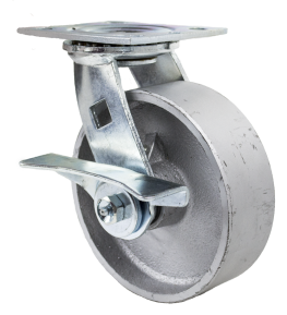 Caster; Swivel; 5" x 2"; Cast Iron; Plate (4-1/2"x6-1/4"; holes: 2-7/16"x4-15/16" slotted to 3-3/8"x5-1/4"; 1/2" bolt); Zinc; Roller Brng; 1000#; Cam Brake (Item #66103)