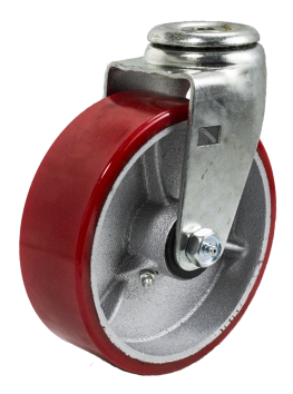 Caster; Swivel; 6" x 2"; PolyU on Cast Iron (Usu Red or Green); Hollow Kingpin (1/2" bolt hole); Zinc; Roller Brng; 400# (Item #64200)
