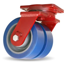 Caster; Swivel; 8" x 3"; PolyU (1"; 85A) on Steel; Plate (6-1/8"x7-3/8": holes: 4-1/8"x6-1/8"; 9/16" bolt); Red Painted; Prec Ball Brngs; 4800#; Ergonomic (Item #63442)