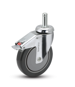 Caster; Swivel; 4" x 1-1/4"; PolyU on PolyO (Gray); Grip Ring (7/16" x 1-7/16"); Chrome; Precision Ball Brng; 240#; Total Lock; Thread guards (Item #64926)
