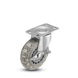 Caster; Swivel; 2" x 13/16"; Polyurethane (Clear); Top Plate (1-3/16" x 2"; holes: 13/16" x 1-9/16"; 3/16" bolt); Zinc; Plain bore; 80#; Side friction brake (Item #65210)
