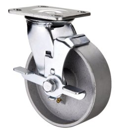 Caster; Swivel; 4" x 2"; Cast Iron; Plate; 4"x4-1/2"; holes: 2-5/8"x3-5/8" (slotted to 3"x3"); 3/8" bolt; Zinc; Roller Brng; 700#; Wheel brake (Item #69546)