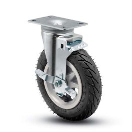 Caster; Swivel; 6"x1-1/4"; Flat Free (Black); Plate (2-5/8"x3-3/4"; holes: 1-3/4"x2-3/4" slotted to 3"; 5/16" bolt); Zinc; Ball Brng; 150#; Brake (Item #67097)