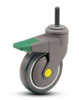 Caster; Swivel; 4" x 1-1/4"; Conductive PolyU; Threaded Stem (1/2"-13TPI x 3/4"); Nylon Rig; Prec Ball Brng; 220#; ESD; Thread guards; Total Pedal Brake (Item #66400)