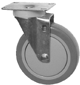 Caster; Swivel; 3" x 1-1/4"; PolyU on PolyO (Gray); Plate (2-1/2"x3-11/16"; holes: 1-3/4"x2-7/8" slots to 3"; 5/16" bolt); Zinc; Plain bore; 250#; Dust Cover (Item #64063)