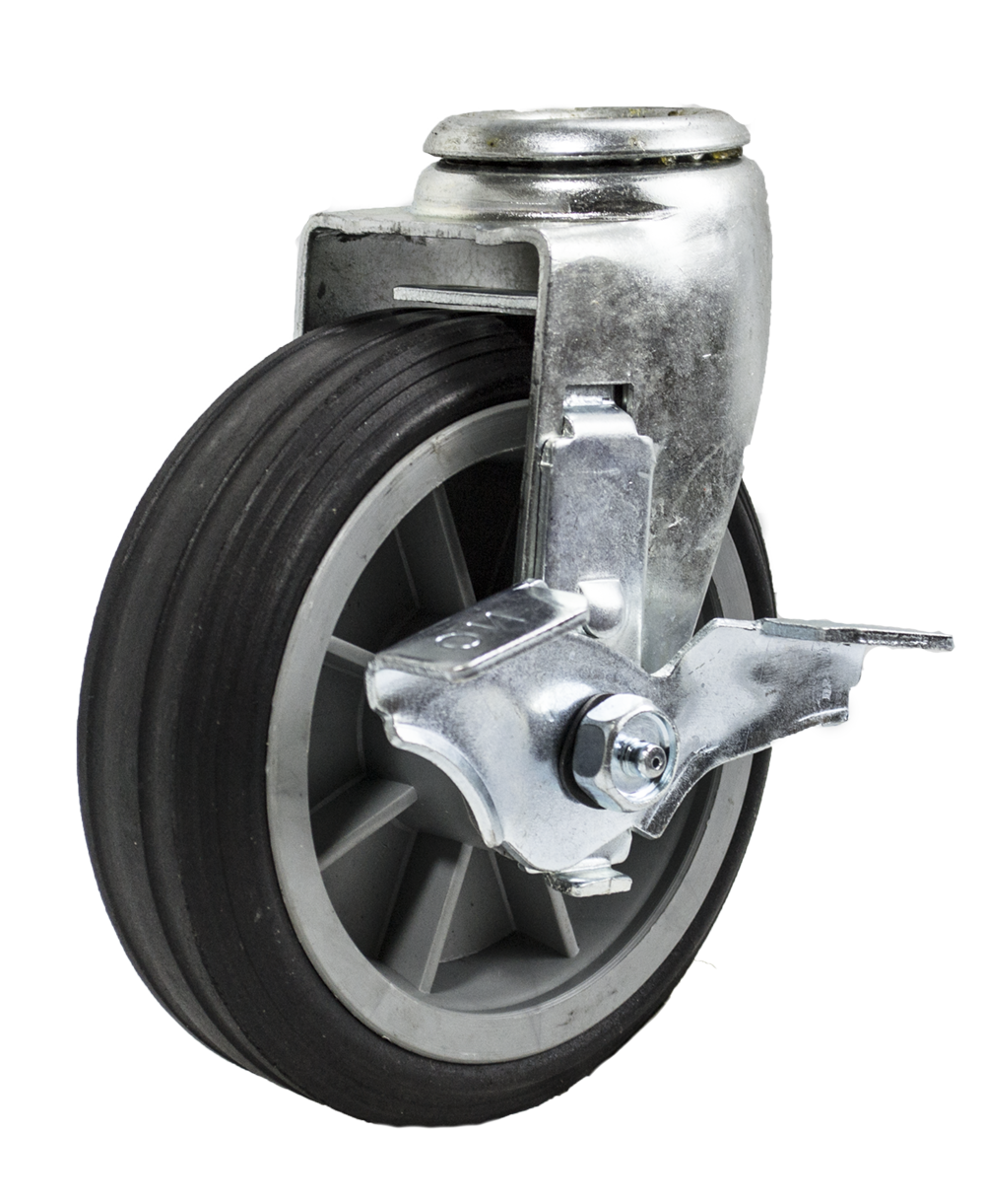 Caster; Swivel; 6" x 2"; Solid Rubber on Plastic Hub; Hollow Kingpin (1/2" bolt hole); Ball Brng; 350#; Ribbed Tread; Wheel Brake (Item #64280)