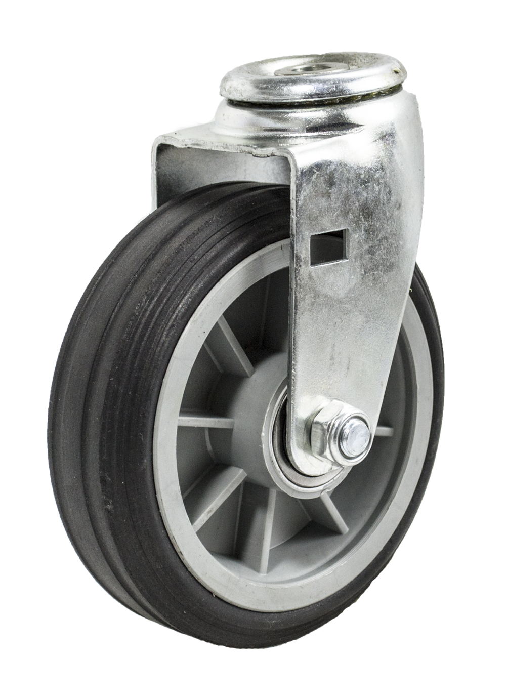 Caster; Swivel; 6" x 2"; Solid Rubber on Plastic Hub (Grey); Hollow Kingpin (1/2" bolt hole); Ball Brng; 350#; Ribbed Tread (Item #64281)