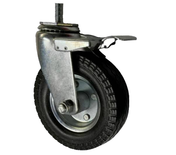 Caster; Swivel; 6" x 2"; Flat Free (Black); Threaded Stem (1/2"-13TPI x 1-1/2"); Zinc; Ball Brng; 150#; Bolted Hub; Total Lock Brake.  Temp sensitive. (Item #63255)