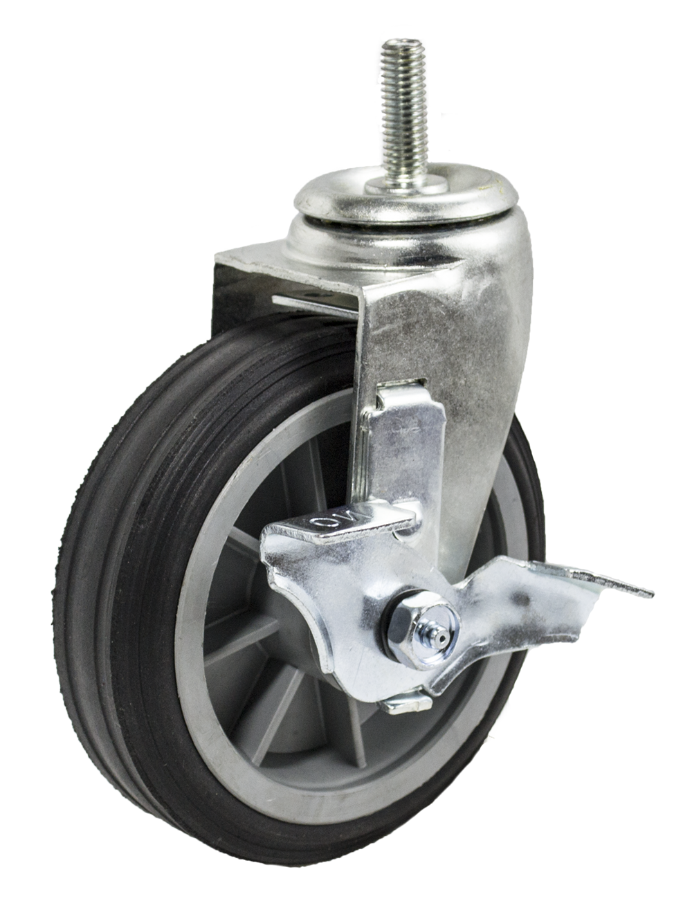 Caster; Swivel; 6" x 2"; Solid Rubber on Plastic Hub (Grey); Threaded Stem (1/2"-13TPI x 1-1/2"); Zinc; Ball Brng; 350#; Ribbed Tread; Tread brake (Item #64077) Caster; Swivel; 6" x 2"; Solid Rubber on Plastic Hub (Grey); Threaded Stem (1/2"-13TPI x 1-1/2"); Zinc; Ball Brng; 350#; Ribbed Tread; Tread brake (Item #64077)