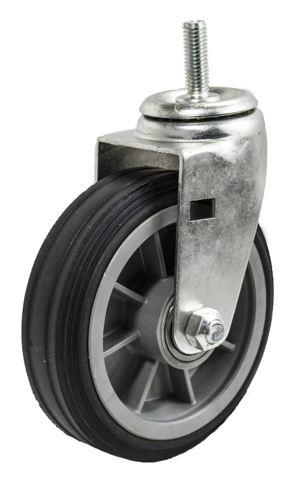 Caster; Swivel; 6" x 2"; Solid Rubber on Plastic Hub (Grey); Threaded Stem (1/2"-13TPI x 1-1/2"); Zinc; Ball Brng; 350#; Ribbed Tread (Item #64078) Caster; Swivel; 6" x 2"; Solid Rubber on Plastic Hub (Grey); Threaded Stem (1/2"-13TPI x 1-1/2"); Zinc; Ball Brng; 350#; Ribbed Tread (Item #64078)