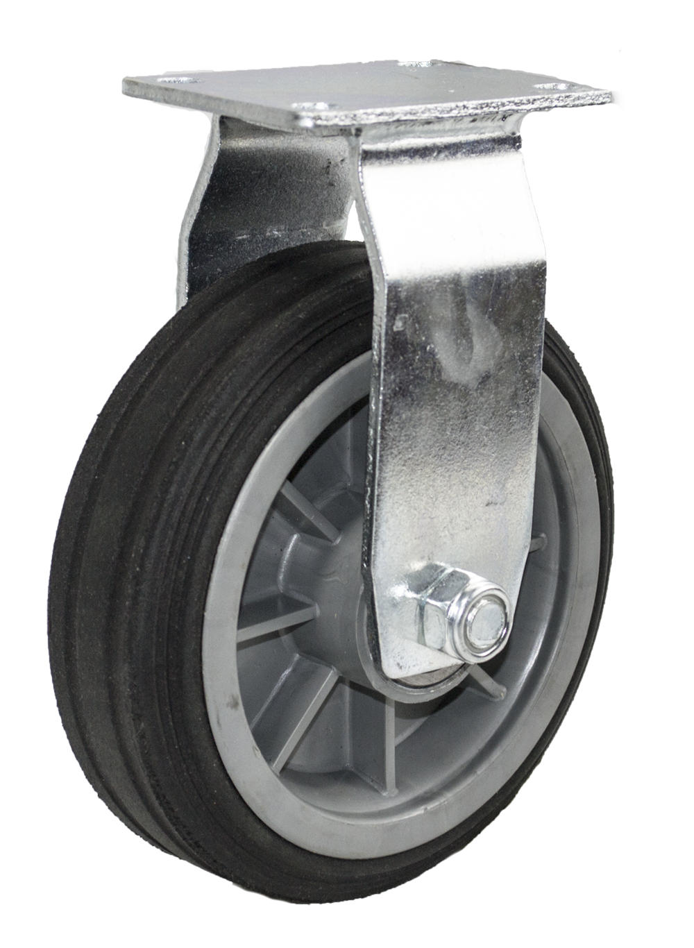 Caster; Rigid; 6" x 2"; Solid Rubber on Plastic Hub; Plate (4"x4-1/2"; holes: 2-5/8"x3-5/8" slots to 3"x3"; 3/8" bolt); Ball Brng; 350#; Ribbed Tread (Item #64277) Caster; Rigid; 6" x 2"; Solid Rubber on Plastic Hub; Plate (4"x4-1/2"; holes: 2-5/8"x3-5/8" slots to 3"x3"; 3/8" bolt); Ball Brng; 350#; Ribbed Tread (Item #64277)