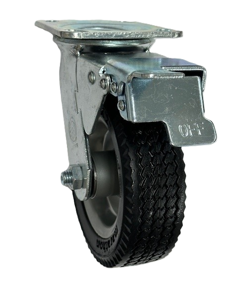 Caster; Swivel; 6" x 2"; Flat Free (Black); HD Welded Hub; Plate (4"x4-1/2"; holes); Ball Brng; 250#; Sawtooth Tread; Total Lock Brake (Item #63467) Caster; Swivel; 6" x 2"; Flat Free (Black); HD Welded Hub; Plate (4"x4-1/2"; holes); Ball Brng; 250#; Sawtooth Tread; Total Lock Brake (Item #63467)