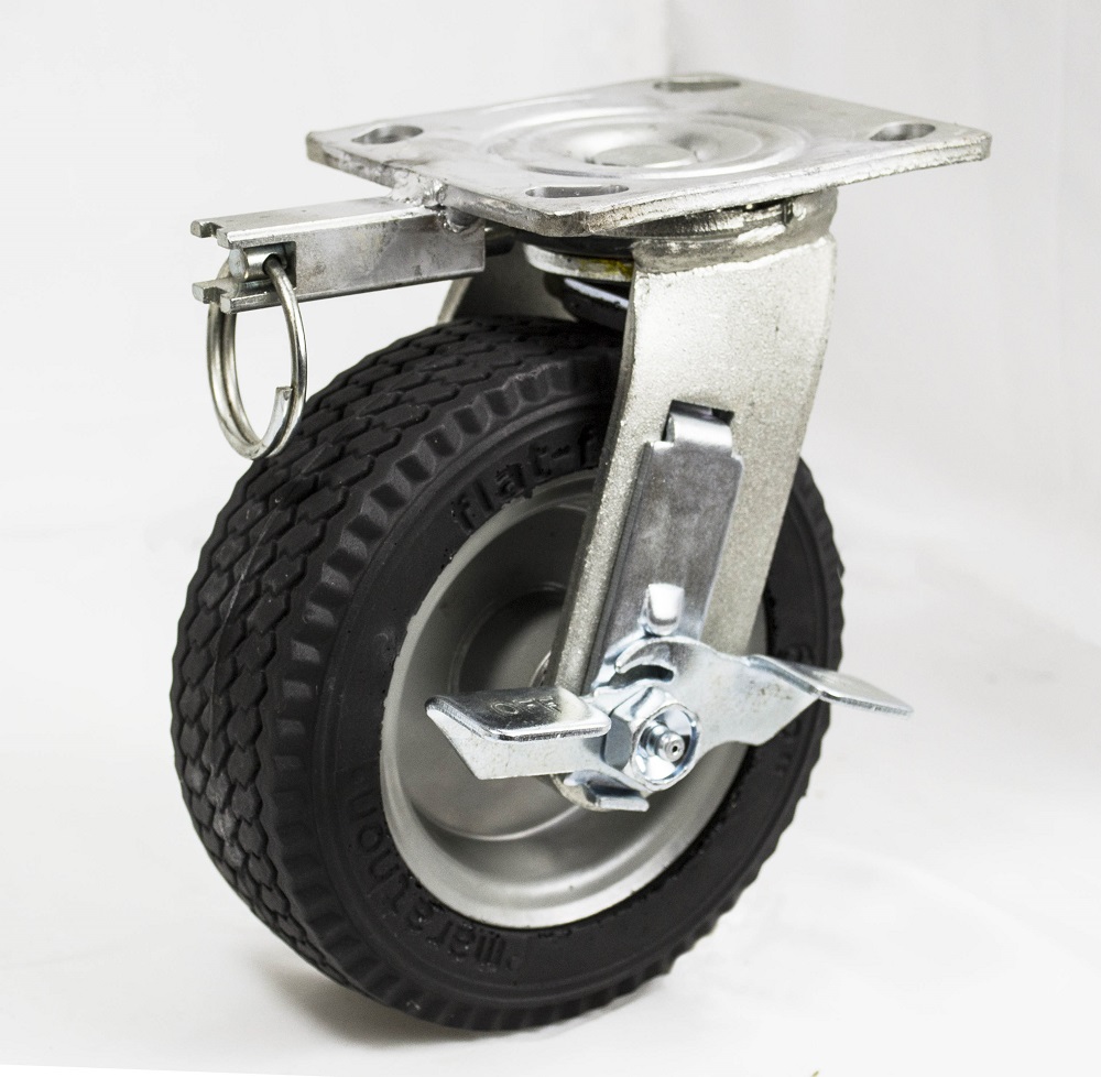 Caster; Swivel; 6" x 2"; Flat Free (Black); Plate (4"x4-1/2"); Prec BB; 150#; Sawtooth Tread; Bolted Hub; Tread Brake; Position Lock; Temp Sensitive (Item #65618) Caster; Swivel; 6" x 2"; Flat Free (Black); Plate (4"x4-1/2"); Prec BB; 150#; Sawtooth Tread; Bolted Hub; Tread Brake; Position Lock; Temp Sensitive (Item #65618)