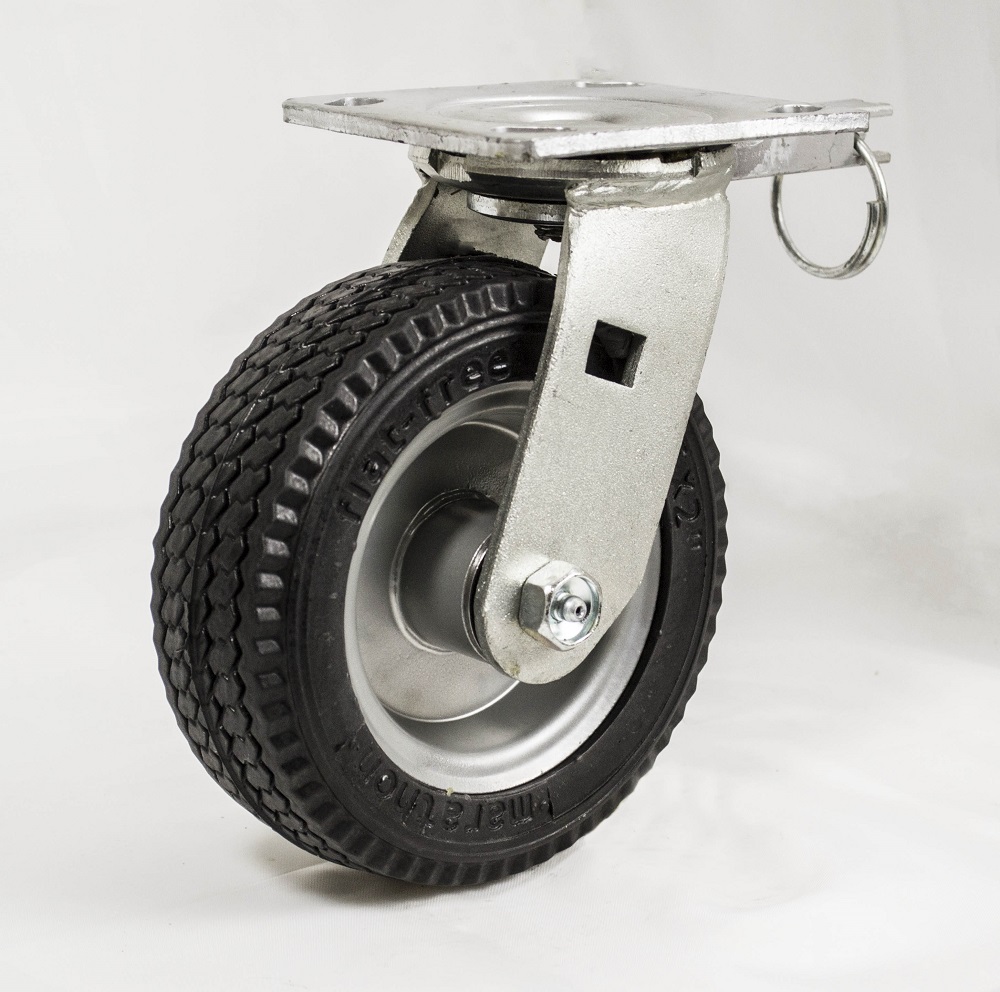 Caster; Swivel; 8" x 2"; Foam-Fill Flat Free (BK); Plate (4"x4-1/2"; holes: 2-5/8"x3-5/8" slots to 3"x3"; 3/8" bolt); Zinc; Prec Ball Brng; 150#;Pos.Lock 4 Way (Item #63953) Caster; Swivel; 8" x 2"; Foam-Fill Flat Free (BK); Plate (4"x4-1/2"; holes: 2-5/8"x3-5/8" slots to 3"x3"; 3/8" bolt); Zinc; Prec Ball Brng; 150#;Pos.Lock 4 Way (Item #63953)