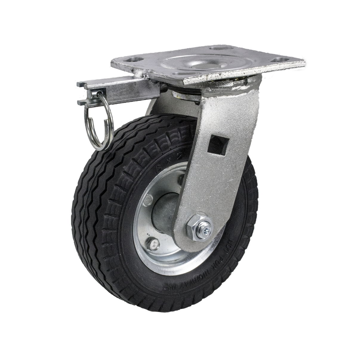 Caster; Swivel; 6" x 2"; Flat Free (Black); Plate (4"x4-1/2"; holes); Prec Ball Brng; 150#; Sawtooth Tread; Bolted Hub; Position lock; Temp Sensitive (Item #65619)