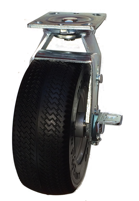 Caster; Swivel; 8" x 3"; Flat Free; Plate (4"x4-1/2"; holes: 2-5/8"x3-5/8" slots to 3"x3"; 3/8 bolt); Prec BB; 300#; Premium Steel Hub; Brake (Just two left!) (Item #64681)