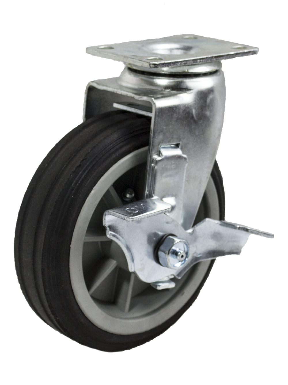 Caster; Swivel; 6" x 2"; Solid Rubber on Plastic Hub; Plate (4"x4-1/2"; holes: 2-5/8"x3-5/8" slots to 3"x3"; 3/8" bolt); Ball Brng; 350#; Ribbed Tread; Brake (Item #64278) Caster; Swivel; 6" x 2"; Solid Rubber on Plastic Hub; Plate (4"x4-1/2"; holes: 2-5/8"x3-5/8" slots to 3"x3"; 3/8" bolt); Ball Brng; 350#; Ribbed Tread; Brake (Item #64278)