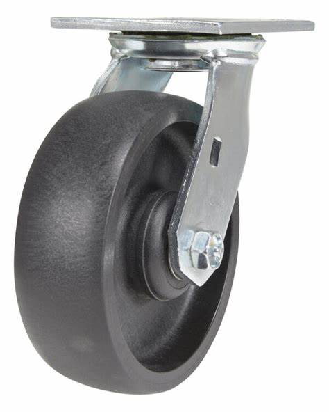 Caster; Swivel; 4" x 1-1/4"; Glass/ Nylon Hi-Temp (Bk); Plate (2-1/2"x3-5/8"; holes: 1-3/4"x2-7/8" slotted to 3"; 5/16" bolt); Zinc; Steel Spanner; 350# (Item #63420)